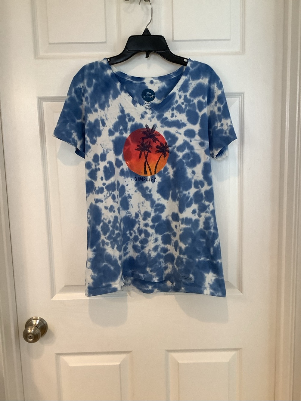 Life Is Good Blue and White Tie-Dye V-Neck Tee with Sunset Graphic